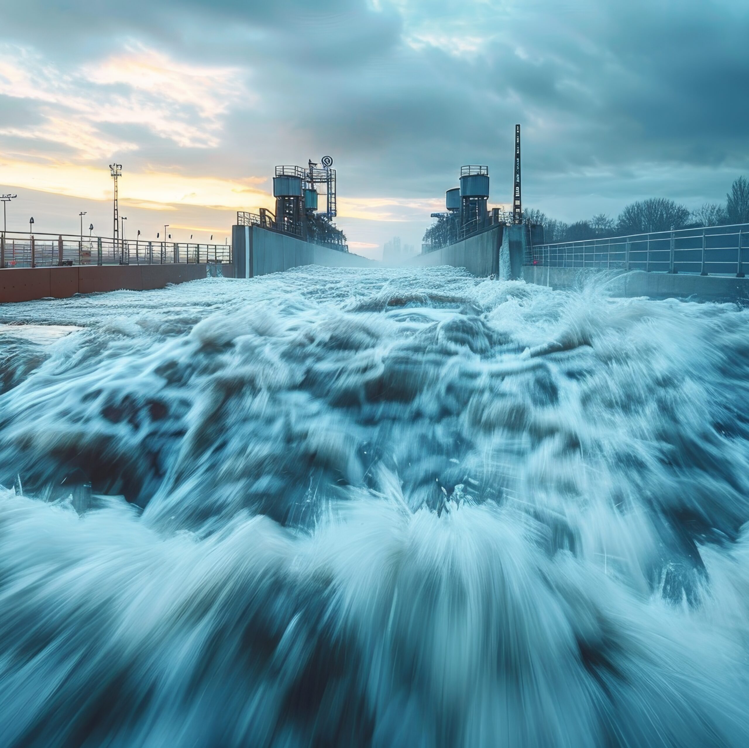 Powerful currents of water flow through a floodgate system at sunset, showcasing hydrodynamic energy.